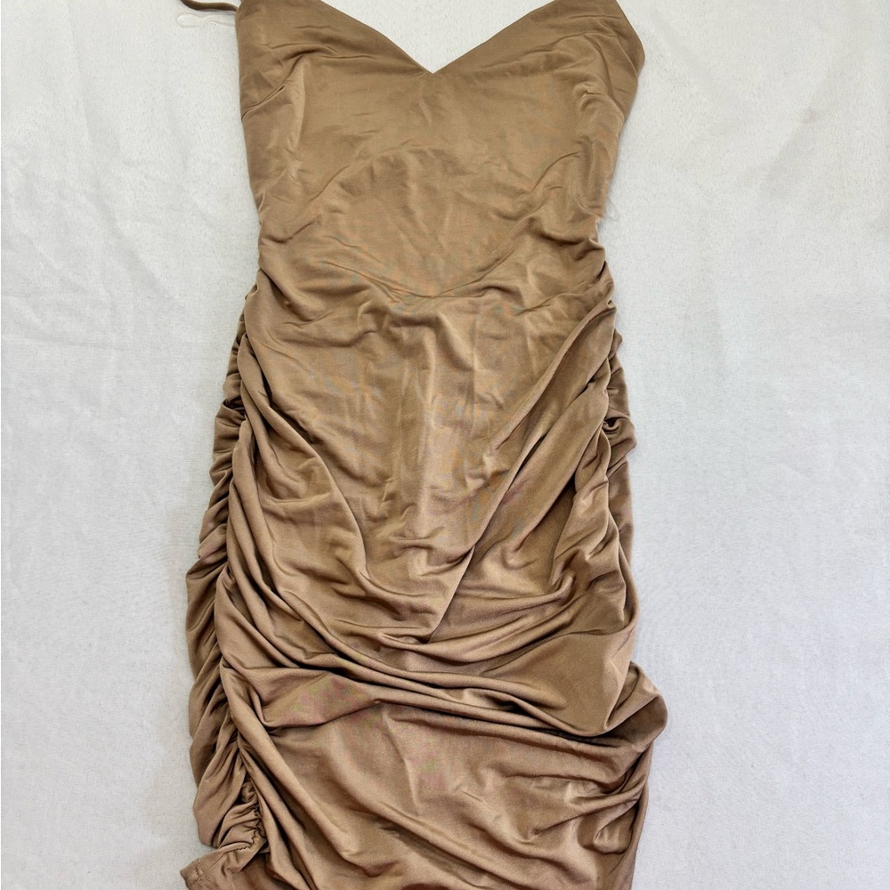 Glare Tan Spaghetti Straps Ruched On Sides/Back Bodycon Mini Dress Medium NWOT